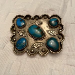 VINTAGE Five Stone Turquoise and Sterling Silver Belt Buckle